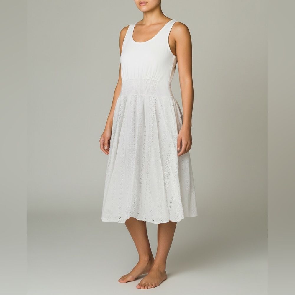 THAKOON Dress NEW Eyelet Smocked Oversized Cotton MIDI Sleeveless White Size 0